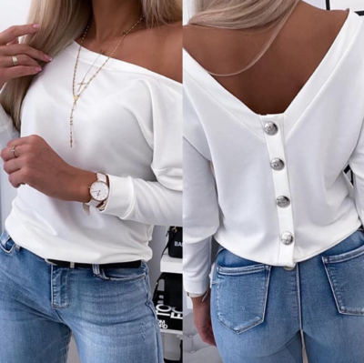 Women'S White Backless Casual Long Sleeved Top