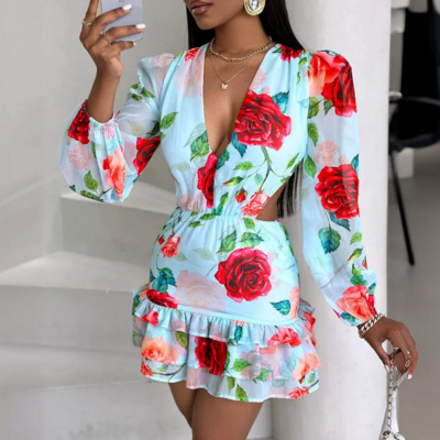 Fashion Sexy V-Neck Printed Long Sleeve Dress