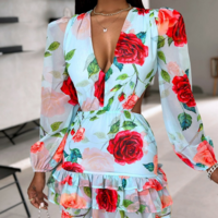 Fashion Sexy V-Neck Printed Long Sleeve Dress - Thumbnail 2