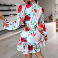 Fashion Sexy V-Neck Printed Long Sleeve Dress - Thumbnail 3