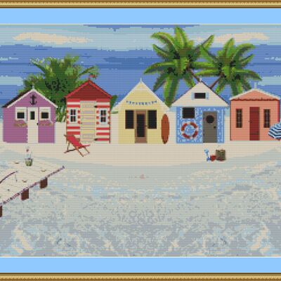 Beach huts by the shore cross stitch pattern
