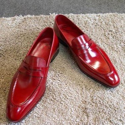 Handmade men's fashion red leather penny loafer shoes - Thumbnail 3