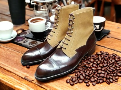 Handmade Men's Two Tone Leather & Suede Lace Up Cap Toe Ankle High Boots