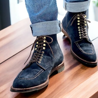 Handmade fashion men's blue suede lace up ankle boots
