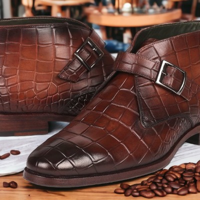 Handmade men's burgundy alligator print leather singal monk buckle ankle boots