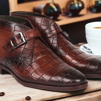 Handmade Men's Burgundy Alligator Print Leather Singal Monk Buckle Ankle Boots - Thumbnail 1