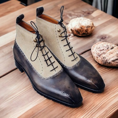 Handmade men's two tone leather & suede lace up brogue toe ankle high boots