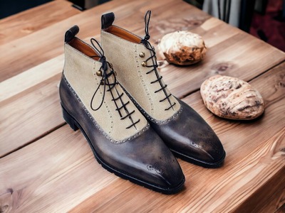 Handmade Men's Two Tone Leather & Suede Lace Up Brogue Toe Ankle High Boots