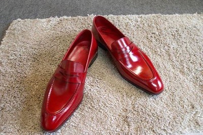 Handmade Men's Fashion Red Leather Penny Loafer Shoes