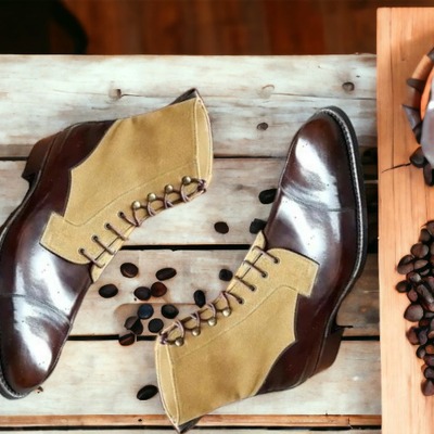 Handmade men's two tone leather & suede lace up cap toe ankle high boots
