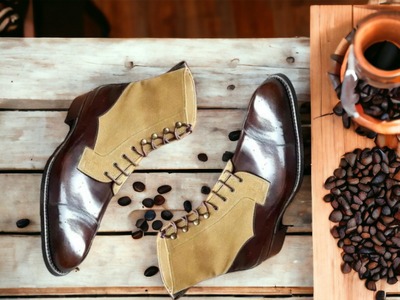 Handmade Men's Two Tone Leather & Suede Lace Up Cap Toe Ankle High Boots