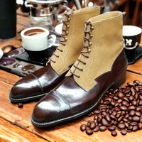 Handmade Men's Two Tone Leather & Suede Lace Up Cap Toe Ankle High Boots - Thumbnail 1