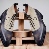 Handmade Men's Two Tone Leather & Suede Lace Up Brogue Toe Ankle High Boots - Thumbnail 1