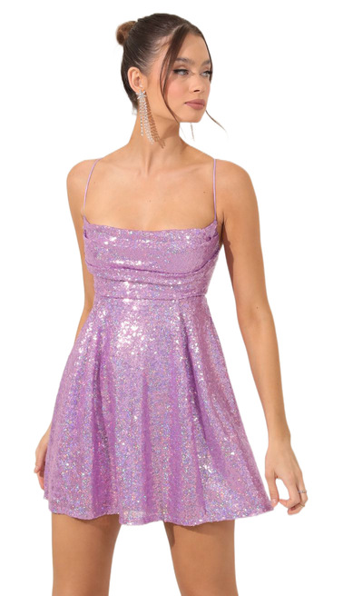 Sparkly Purple Sequin Dress Backless Halter Neck Tie Back Mini Dress Taylor Swift Eras Tour Concert Outfit Idea