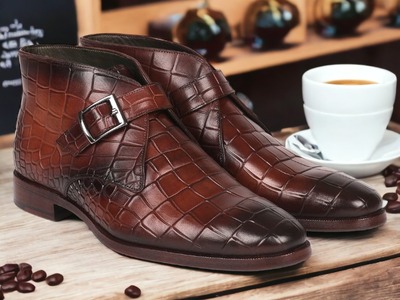 Handmade Men's Burgundy Alligator Print Leather Singal Monk Buckle Ankle Boots