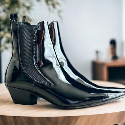 Handmade men's black leather chelsea ankle high boots