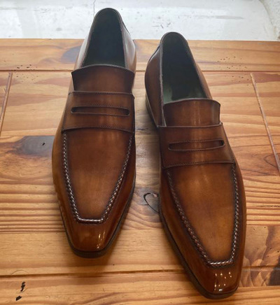 Classic Men's Hand Stitch Brown Loafer Patine Touch Leather Wedding Wear Shoes