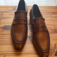 Classic Men's Hand Stitch Brown Loafer Patine Touch Leather Wedding Wear Shoes - Thumbnail 1