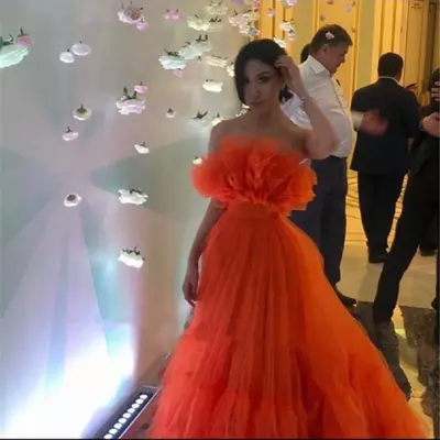Orange ruffles tulle evening party dresses strapless tiered plus size prom dresses 2021 a line special occasion gowns - Thumbnail 1