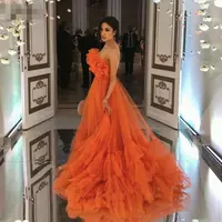 Orange Ruffles Tulle Evening Party Dresses Strapless Tiered Plus Size Prom Dresses 2021 A Line Special Occasion Gowns - Thumbnail 1