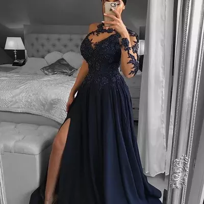 One shoulder navy blue dubai evening dresses long sleeve a-line split satin lace beaded formal prom dress robe de soiree - Thumbnail 2