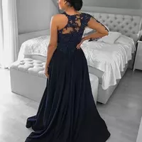 One Shoulder Navy Blue Dubai Evening Dresses Long Sleeve A-Line Split Satin Lace Beaded Formal Prom Dress Robe De Soiree - Thumbnail 1