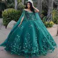 Dark Green Tulle Quinceanera Dresses Ball Gown Prom Evening Birthday Party Dress Lace Up Graduation Gown vestidos de  - Thumbnail 1