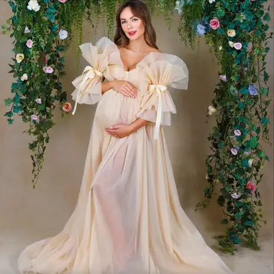 Ruffle puff sleeve maternity dresses boho floor length prom gown sweetheart tulle photoshoot boudoir lingerie - Thumbnail 1