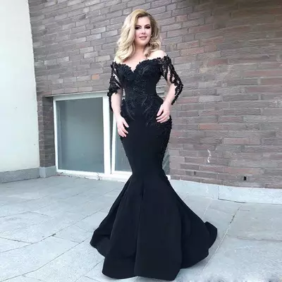 Black mermaid long sleeve mermaid evening dresses beaded saudi arabic sheer neck satin evening gown sweep train prom dress - Thumbnail 2