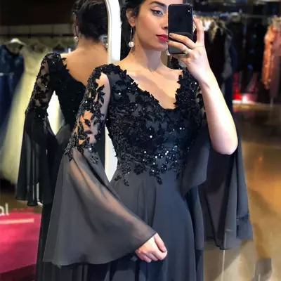 Black elegant evening dress a-line flare sleeve v-neck lace appliques sequined backless floor length party prom gown - Thumbnail 1