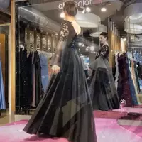 Black Elegant Evening Dress A-Line Flare Sleeve V-Neck Lace Appliques Sequined Backless Floor Length Party Prom Gown - Thumbnail 1