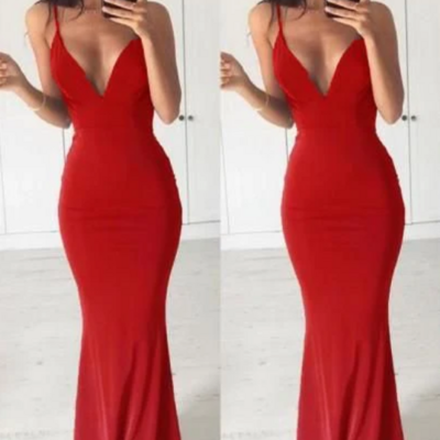 Mermaid sleeveless red prom evening dresses