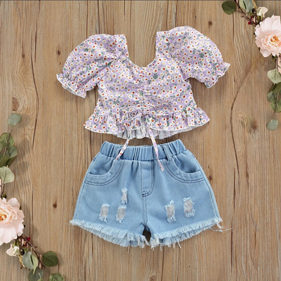 Toddler girls lilac floral print puff sleeve summer top and frayed denim shorts clothing set, free shipping