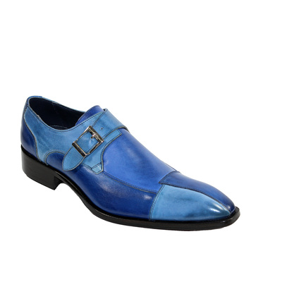 Two tone blue monk single buckle strap matching black sole genuine leather shoes