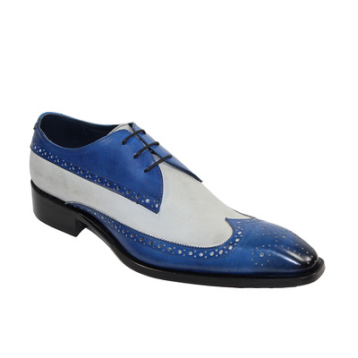 Two tone wing tip burnished full brogue toe blue white cont real leather shoes