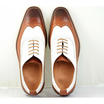 Oxford Wing Tip Shoes, Dress Formal Brown White Shoe, Men's Office Leather Shoes