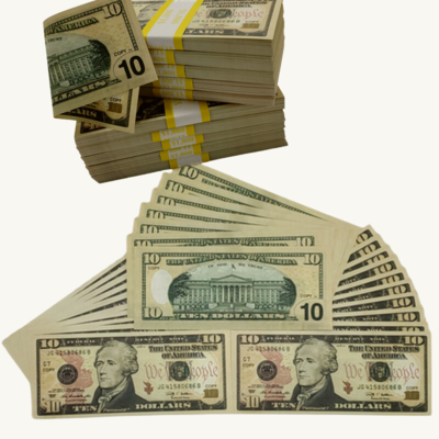 Prop bills  $10 full print.225 pieces double sided replica money for education,video,movie set,tv,fun