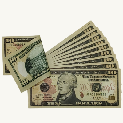 Fake bills  $10 full print.200 pieces double sided replica money for education,video,movie set,tv,fun prop dollar
