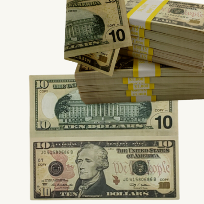 Fake Bills  275 Pieces X $10 Full print. Double sided Replica dollar for education, video, movie set,TV,fun Prop money