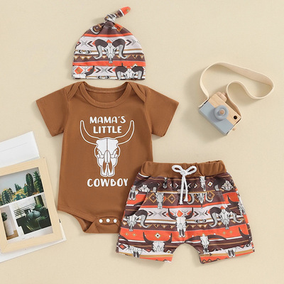 Baby boys western clothes sets cattle print cowboy romper cotton shorts and hat 3pc set, free shipping
