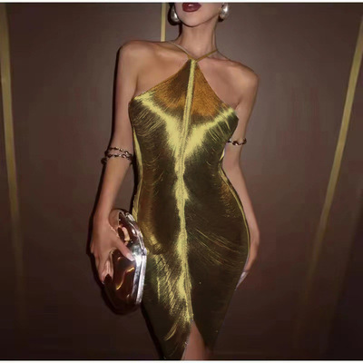 Metallic shine fringes bodycon open back party dresses