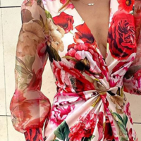 Women'S Printed Mesh Splicing Long Sleeve Dress - Thumbnail 2