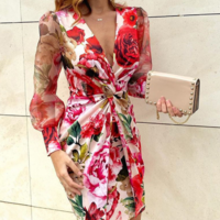 Women'S Printed Mesh Splicing Long Sleeve Dress - Thumbnail 3