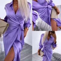 Solid Color Printed Long Sleeve Dress - Thumbnail 2