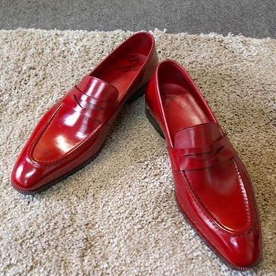 Men's red penny loafer leather shoes, handmade slip on moccasin shoes - Thumbnail 1