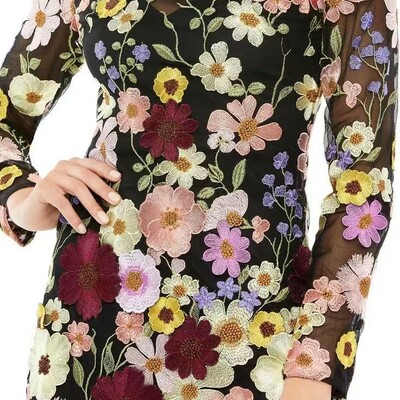 3d flowers embroidery sheer mesh bodycon mini dress high neck cocktail dress