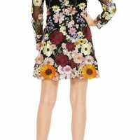 3D Flowers Embroidery Sheer Mesh Bodycon Mini Dress High Neck Cocktail Dress - Thumbnail 1