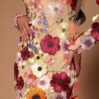 3D Flowers Embroidery Sheer Mesh Bodycon Mini Dress High Neck Cocktail Dress - Thumbnail 2