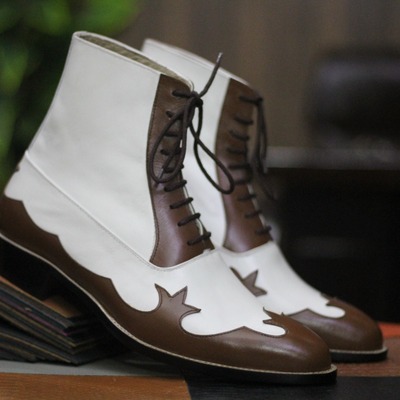 Ankle high brown white lace up designer boot, handmade boot - Thumbnail 1