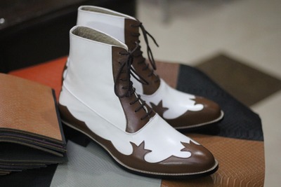 Ankle High Brown White Lace Up Designer Boot, Handmade Boot
